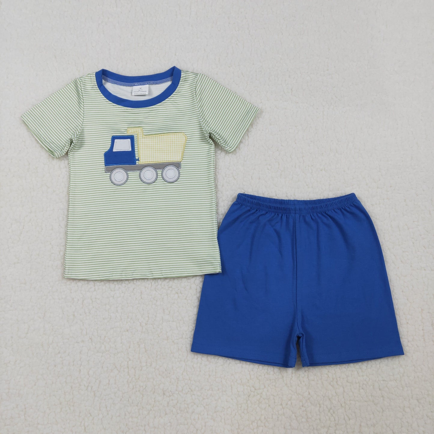 RTS NO MOQ Sibling Embroidery Tractors Baby Boys Short Sleeve Stripe Top with Shorts Cute Rompers Clothing Set