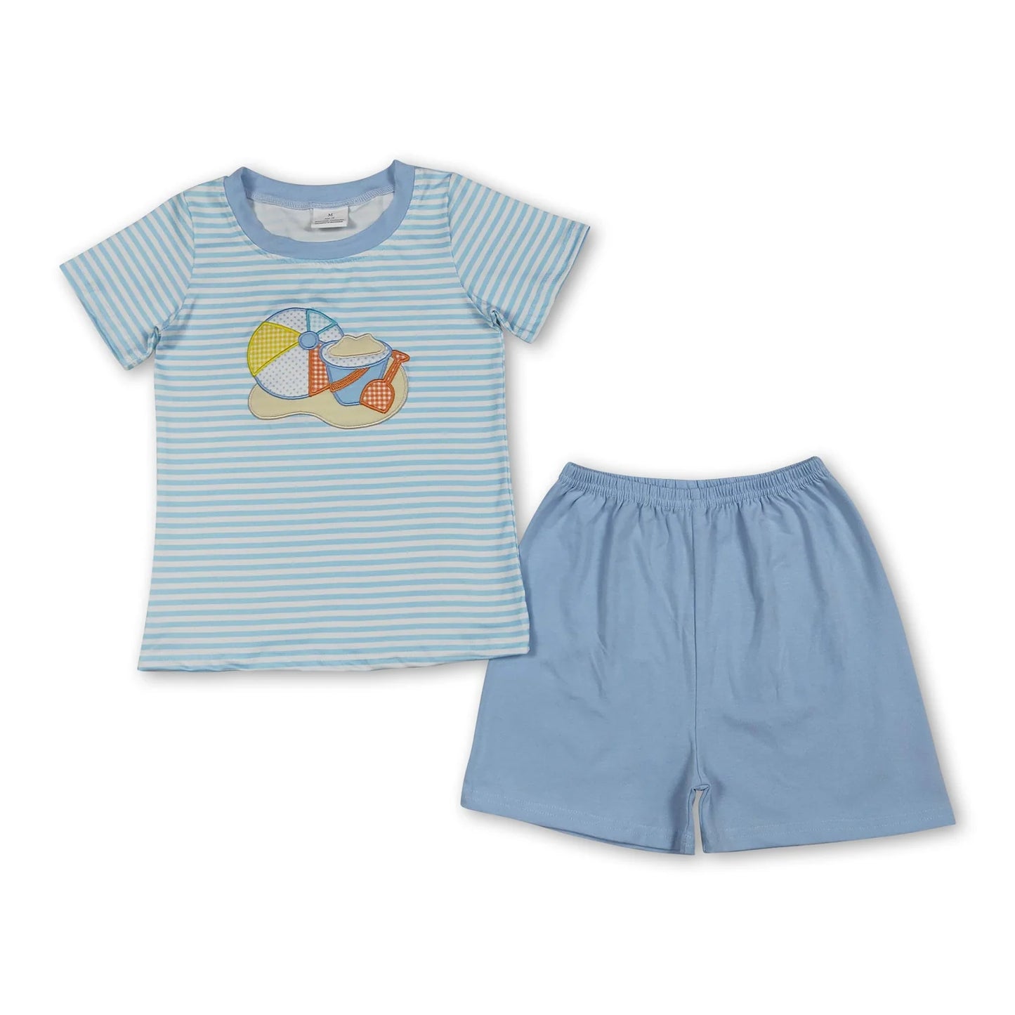 RTS NO MOQ Sibling milk silk Baby Girl Boys Embroidery Striped Beach Two Piece Clothes Set Rompers
