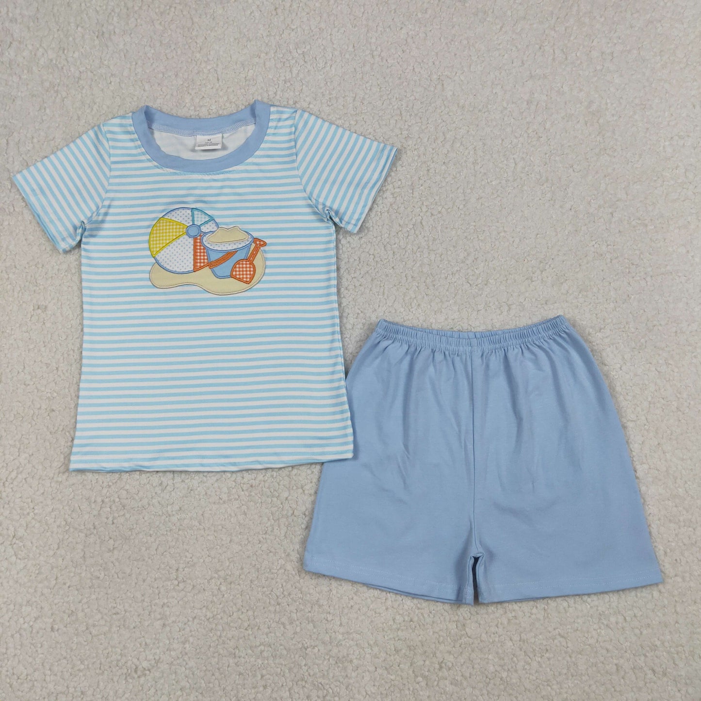 RTS NO MOQ Sibling Baby Boys Girls Embroidery Blue Stripe Top And Shorts Outfit Set