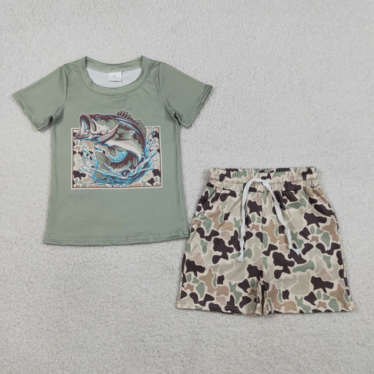 RTS NO MOQ BSSO1835 Baby Boys Green Camo Fishing Top with Pockets Shorts 2-Piece Clothing Set