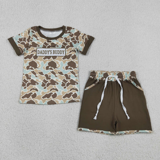 RTS NO MOQ milk silk BSSO1839 Baby Boys Embroidery Daddys Buddy Southern Camo Top Pocket Shorts Clothes Sets