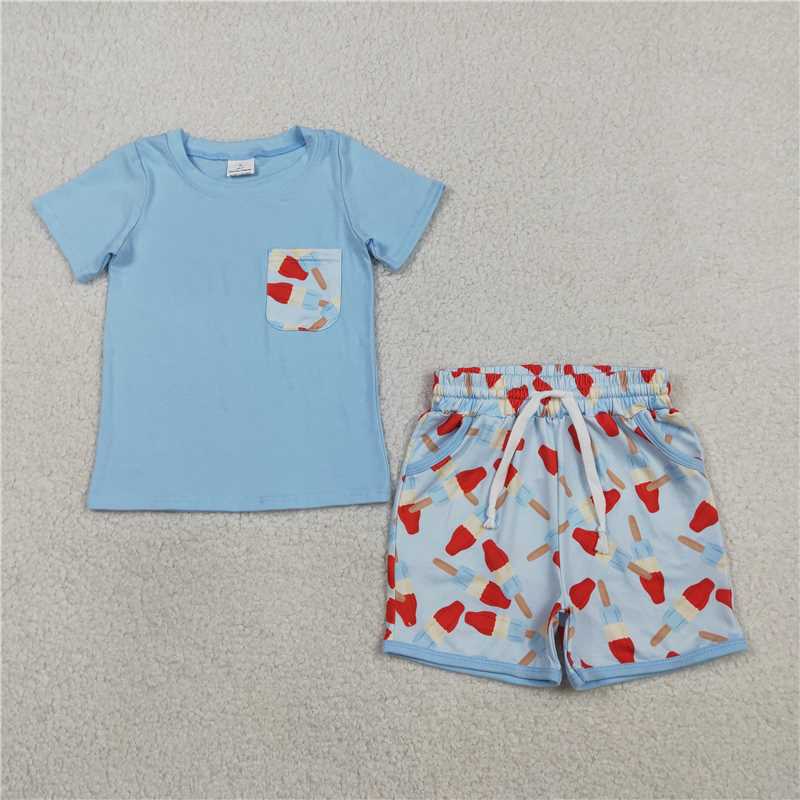 RTS NO MOQ Sibling Baby Boys Short Sleeve Shirt Top with Pockets And Shorts Clothing Set