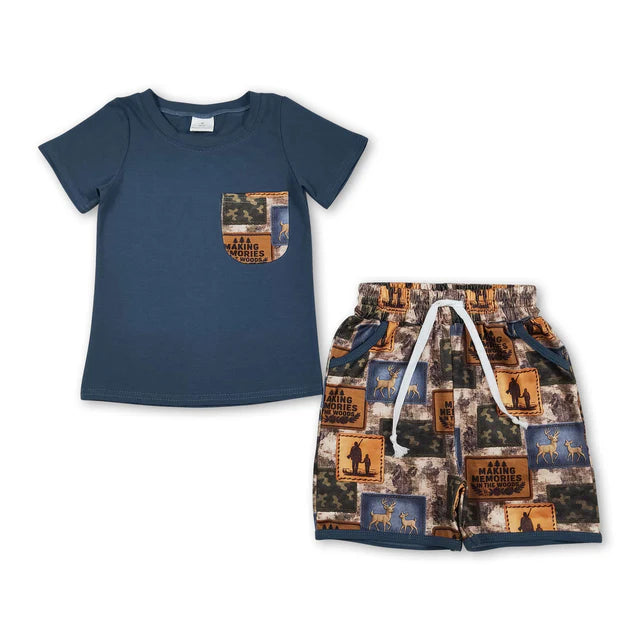 RTS NO MOQ Sibling Baby Boys Baby Boys Pocket Short Sleeve Shirts Top Shorts Clothes Sets