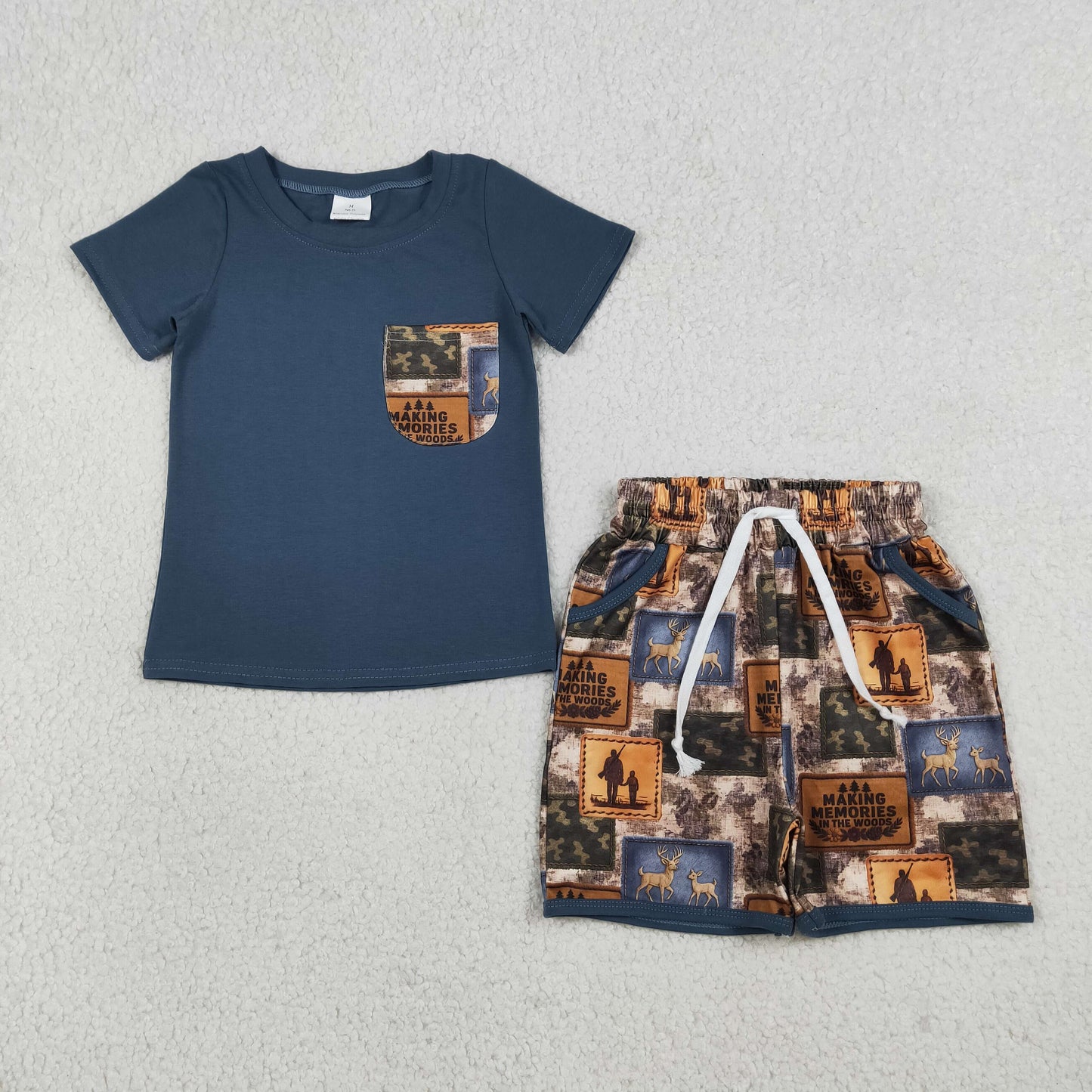 RTS NO MOQ BSSO1846 Baby Boys Camouflage Checked Shirt with Pockets Deer Print Hunting Top And Shorts Set for Toddlers