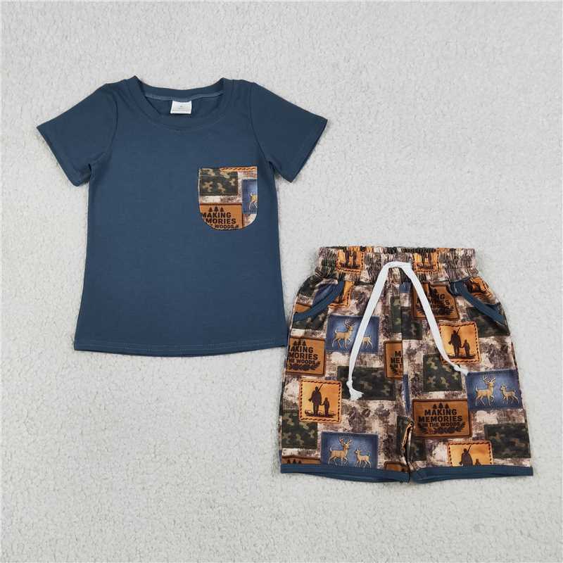 RTS NO MOQ Sibling Baby Boys Short Sleeve Shirt Top with Pockets And Shorts Clothing Set