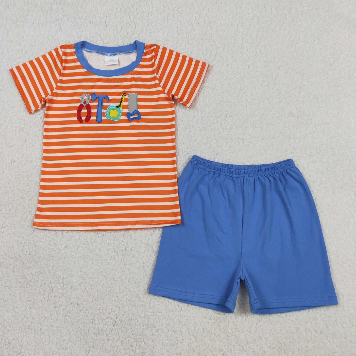 RTS NO MOQ BSSO1851  Kids Boys Tools Embroidery Orange Stripe Top Daily Shorts Sets