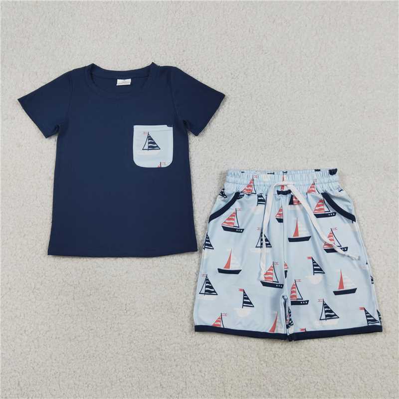 RTS NO MOQ Sibling Baby Boys Short Sleeve Shirts Top Pockets Shorts Clothes Sets