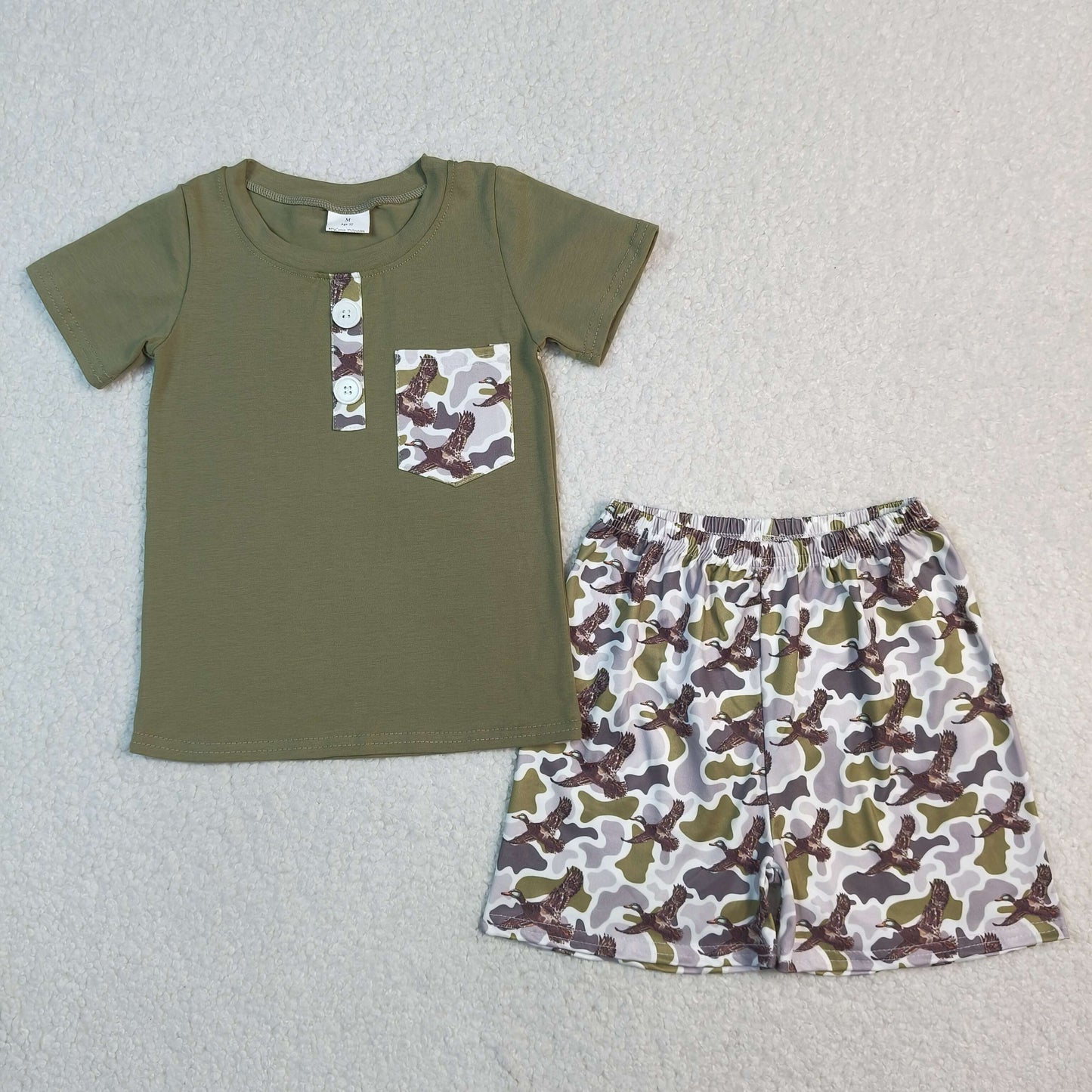RTS NO MOQ Sibling milk silk Baby Boys Olive Button Pocket Top Ducks Camo Hunting Shorts Set Rompers