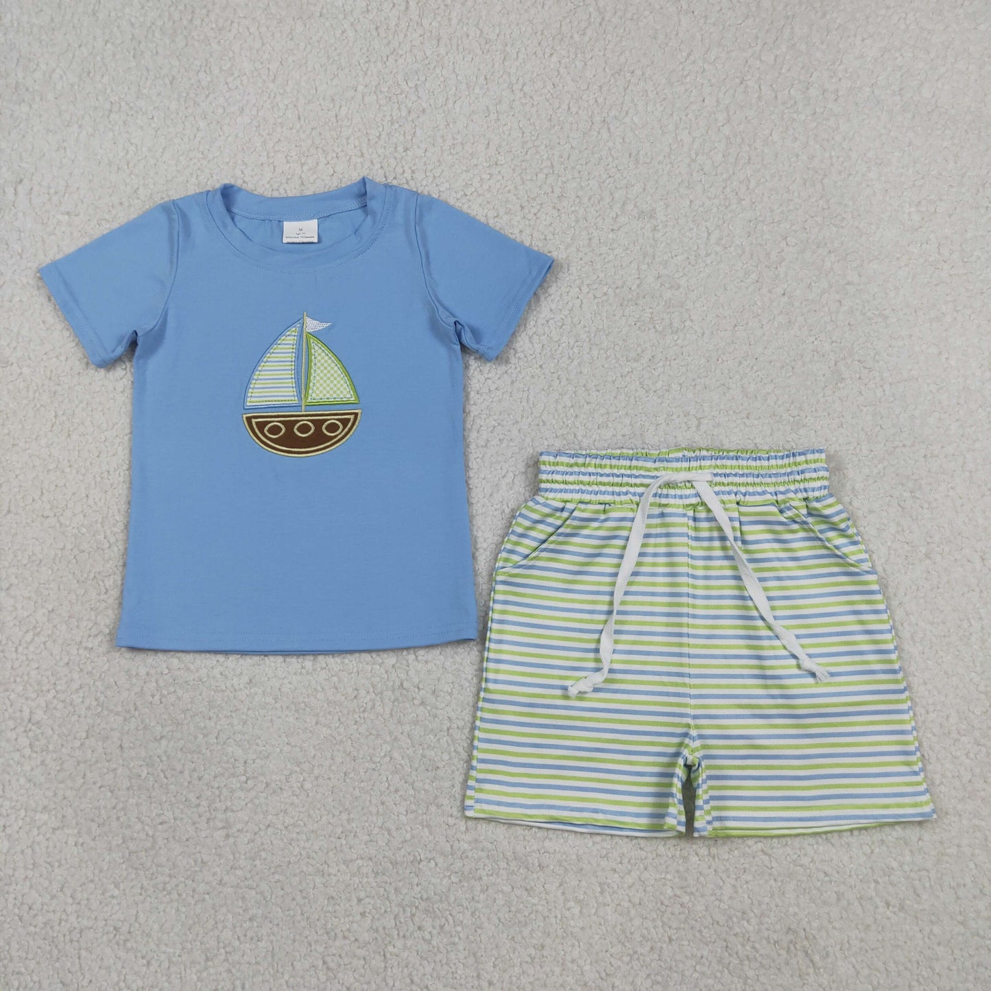 RTS NO MOQ BSSO1860 Baby Boys Cute Blue Shirt with Embroidery Boats Stripe Pocket Shorts Outfit Set