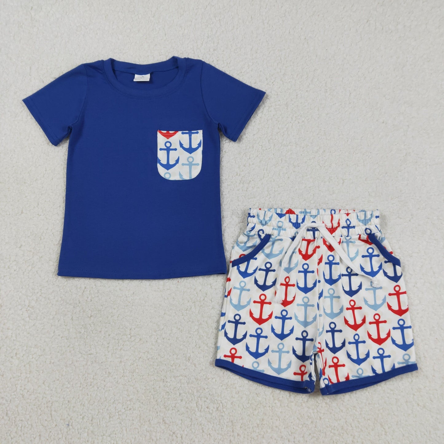 RTS NO MOQ BSSO1874 Baby Boys Hot Blue Short Sleeve Shirt Top with Boats Fishing Pocket Shorts Clothing Set