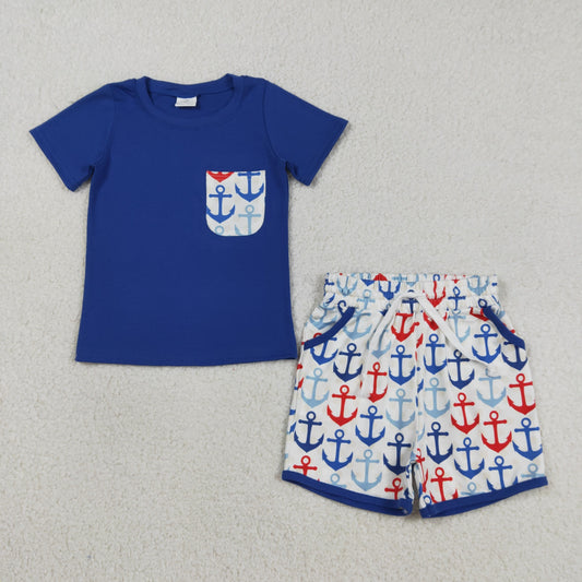 RTS NO MOQ BSSO1874 Baby Boys Hot Blue Short Sleeve Shirt Top with Boats Fishing Pocket Shorts Clothing Set