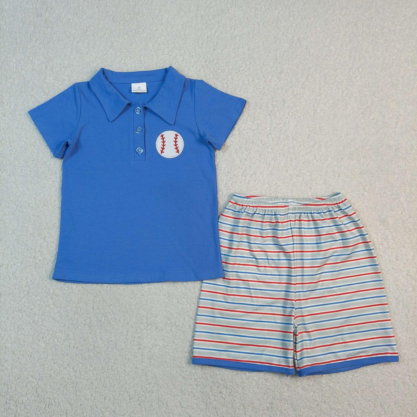 RTS NO MOQ BSSO1877 Baby Boys Blue Button Polo Top Embroidery Baseballs Stripe Shorts Team Outfit