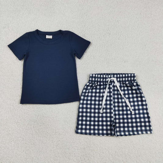 RTS NO MOQ BSSO1882 Baby Boys Navy Short Sleeve Shirt Top with Checked Pockets Short Clothes Set for Little Ones