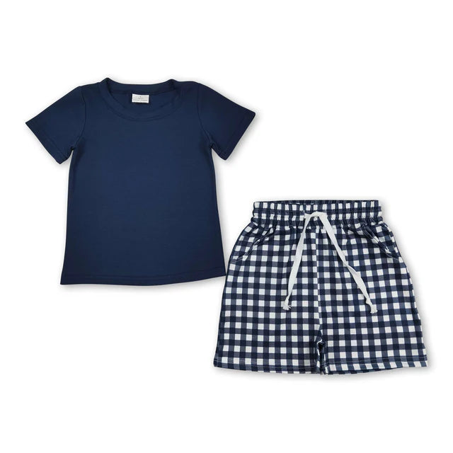 RTS NO MOQ Sibling cotton Baby Boys Short Sleeve Shirt Top Pockets Shorts Clothing Set