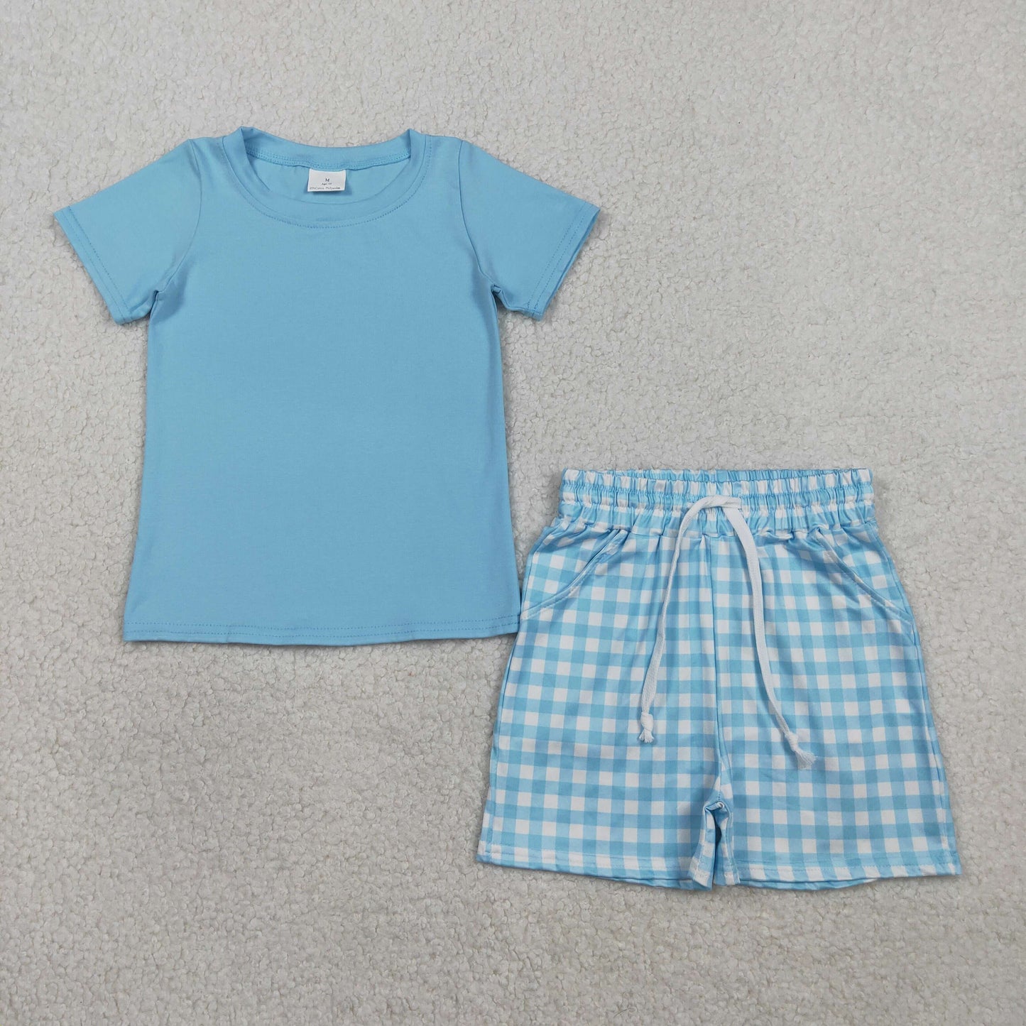 RTS NO MOQ BSSO1883  Baby Boys Blue Checked Shirt with Short Sleeves And Shorts with Pockets Clothing Set