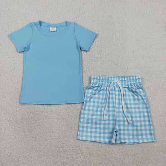 RTS NO MOQ BSSO1883  Baby Boys Blue Checked Shirt with Short Sleeves And Shorts with Pockets Clothing Set