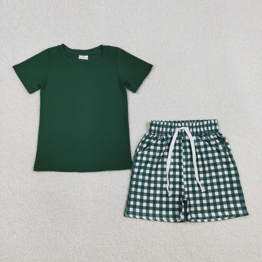 RTS NO MOQ BSSO1885 Baby Boys Dark Green Plaid Shirt And Shorts Outfit Set with Pockets Baby Clothing Set