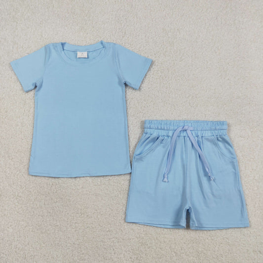 RTS NO MOQ BSSO1887 Baby Boys Blue Short Sleeve Shirt with Pockets Matching Shorts Outfit Set Clothes