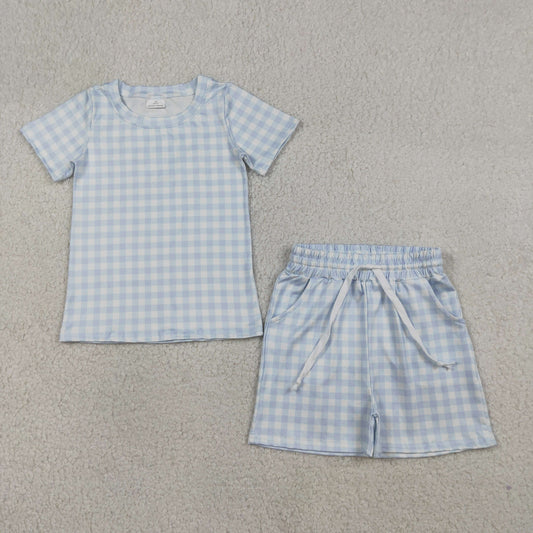 RTS NO MOQ BSSO1896 Baby Boys Light Blue Checked Top with Pockets Shorts Outfit Set Cute Casual Clothing for Infants
