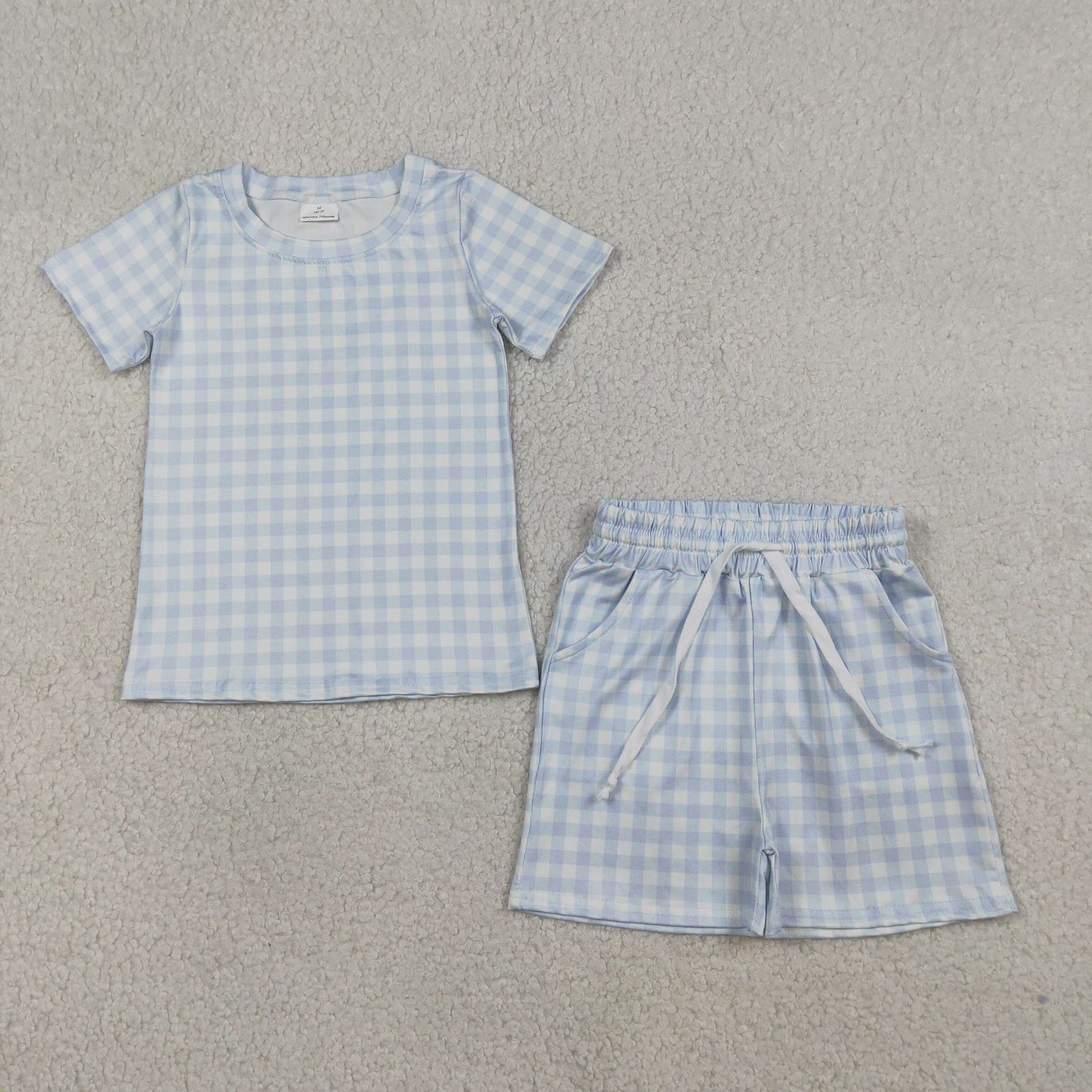 RTS NO MOQ Sibling Baby Boys Blue Checked Pajamas Set with Pocket Long Sleeve Top And Shorts
