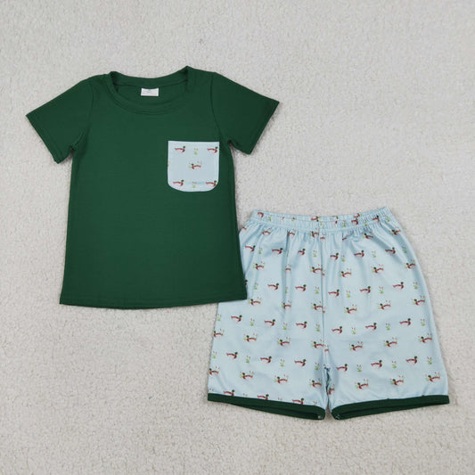 RTS NO MOQ BSSO1899 Baby Boys Dark Green Ducks Pocket T-Shirt And Shorts Set