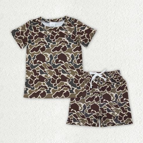 RTS NO MOQ Sibling Baby Boys Camo Pajamas Set Short Sleeve Top Pockets Shorts Sleepwear Clothes Set