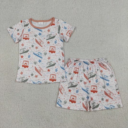 RTS NO MOQ BSSO1904 Baby Boys Colorful Starfish Boat Sleepwear Pajamas Set with Top And Shorts Cute Baby Clothing Set