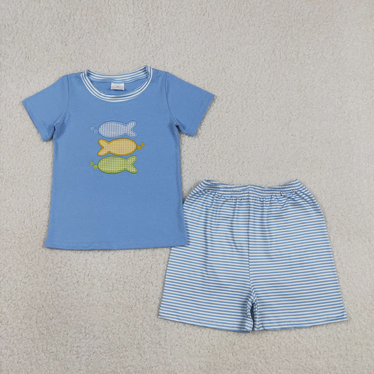 RTS NO MOQ Sibling milk silk Kids Embroidery Fish Pattern Stripe Top Hunting Romper Outfit