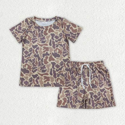 RTS NO MOQ BSSO1910 Baby Boys Southern Brown Camo Print Top with Pockets Matching Shorts Outfit Set for Little Ones