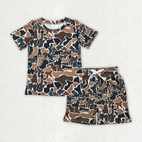 RTS NO MOQ Sibling Baby Boys Camo Pajamas Set Short Sleeve Top Pockets Shorts Sleepwear Clothes Set