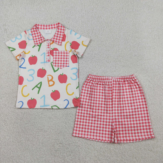 RTS NO MOQ Baby Boys Apples ABC Pocket Button Top Checked Shorts Back to School Sets