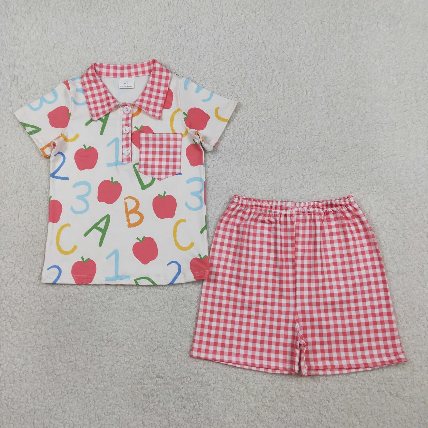 RTS NO MOQ Sibling Baby Boys Apple ABC Print Top with Plaid Shorts Back to School Outfit Set for Infants