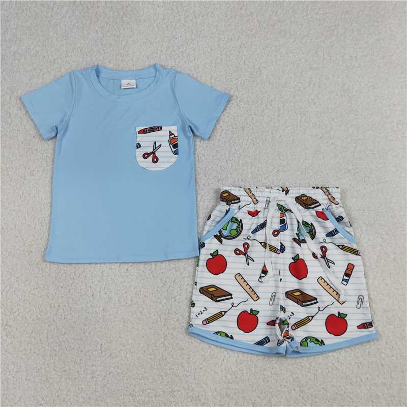 RTS NO MOQ Sibling Baby Boys Short Sleeve Shirts Top Pockets Shorts Clothes Sets