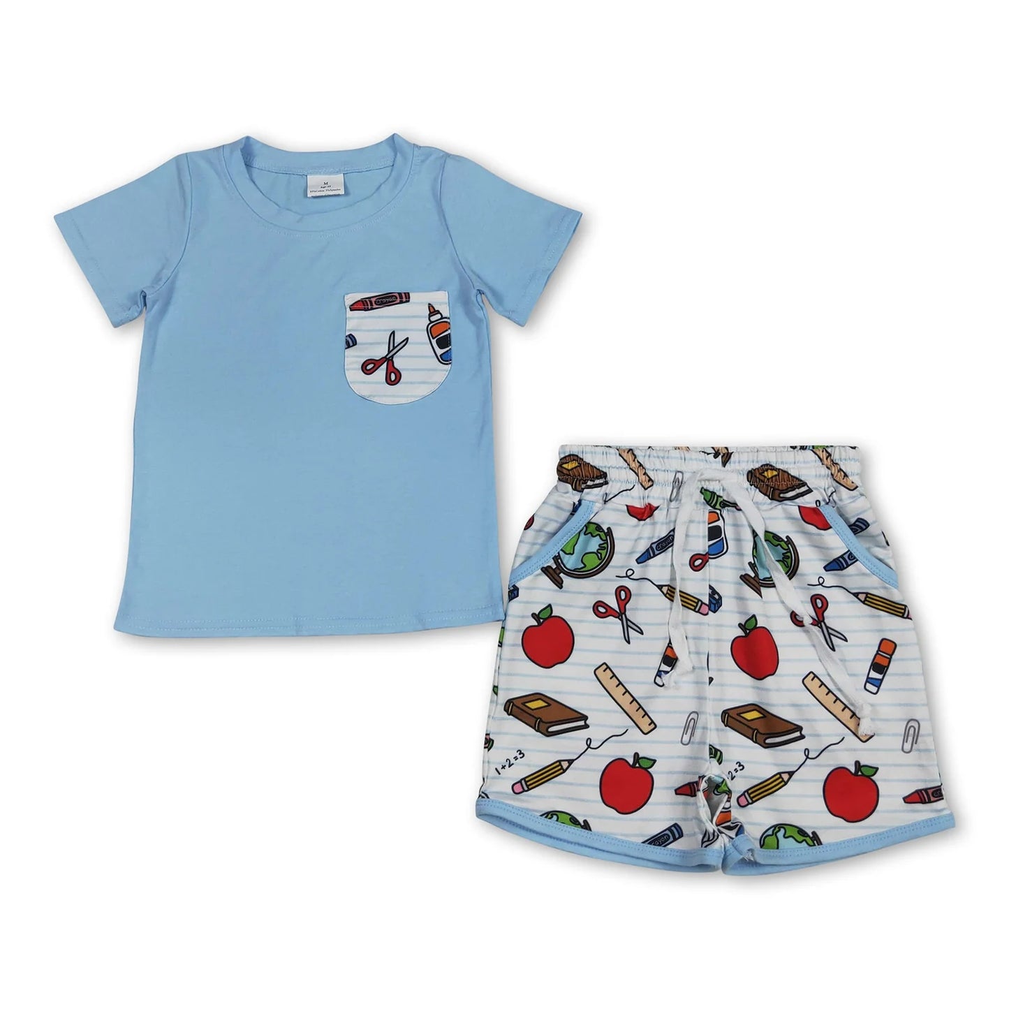 RTS NO MOQ Sibling milk silk Baby Boys Back To School Top And Shorts Two Piece Casual Outfit