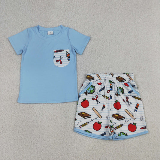 RTS NO MOQ BSSO1921 Baby Boys Back to School Clothes Set with Apples Pencils Top And Shorts