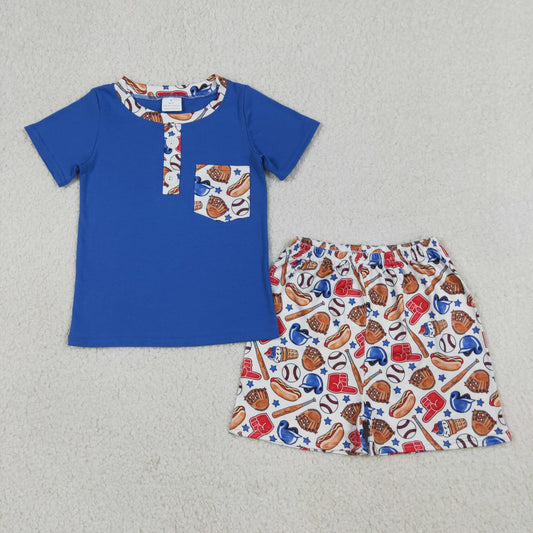 RTS NO MOQ BSSO1922 Baby Boys Team Baseball Clothes Set Button Pocket Shirt Top with Shorts Outfit