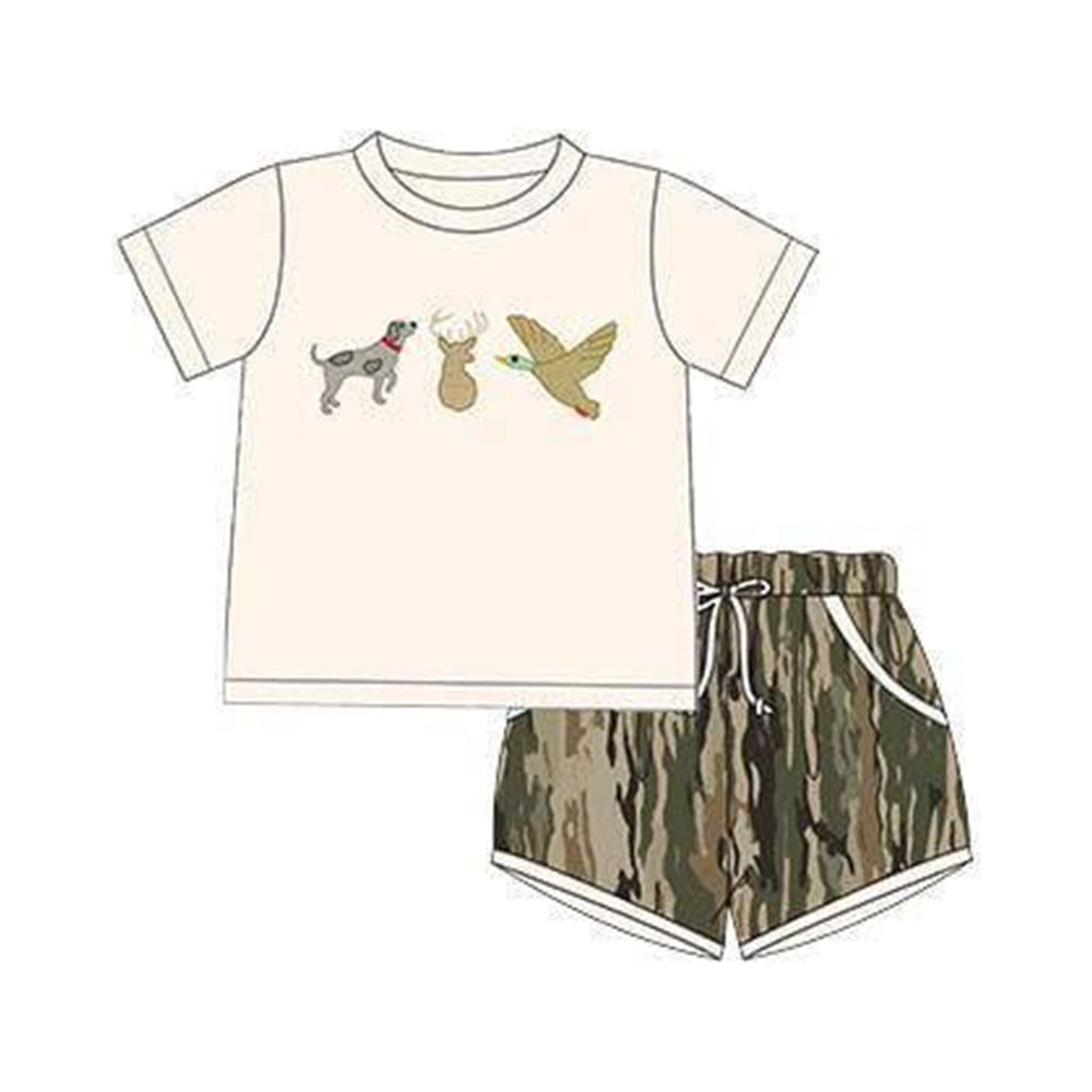 (Pre Order) No moq Camouflage Shorts Set for Boys And Girls with Dog Deer And Duck Print Short-Sleeved Top And Overalls Kids' Outdoor Clothing