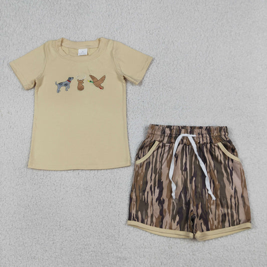 RTS NO MOQ BSSO1927 Embroidery Dog Ducks Deer Baby Boys Hunting Outfit with Pockets Olive Camo Top And Shorts