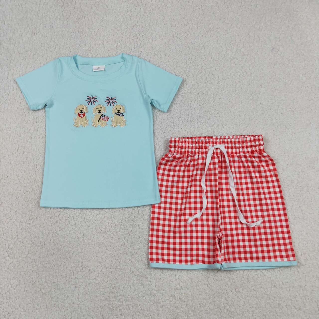 RTS NO MOQ milk silk BSSO1934 Toddler Boys American Flag Dog Embroidery Plaid Shorts Two Piece Set