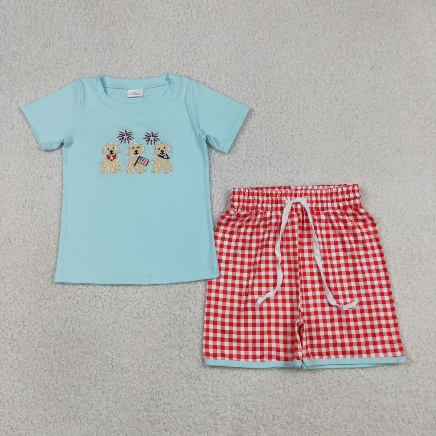 RTS NO MOQ Sibling milk silk Baby Boys And Girls 4th of July Embroidery Flag Dogs Top And Checked Shorts Set Ruffle Romper