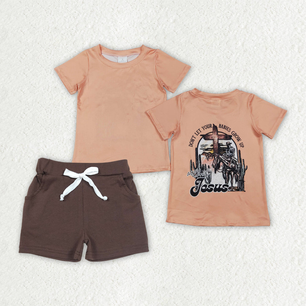 RTS NO MOQ BSSO1936 Baby Boys Jesus Horse Rodeos Short Set with Pockets Top And Bottoms Outfit for Infants Baby Boys Jesus Rodeo Print Clothes Set
