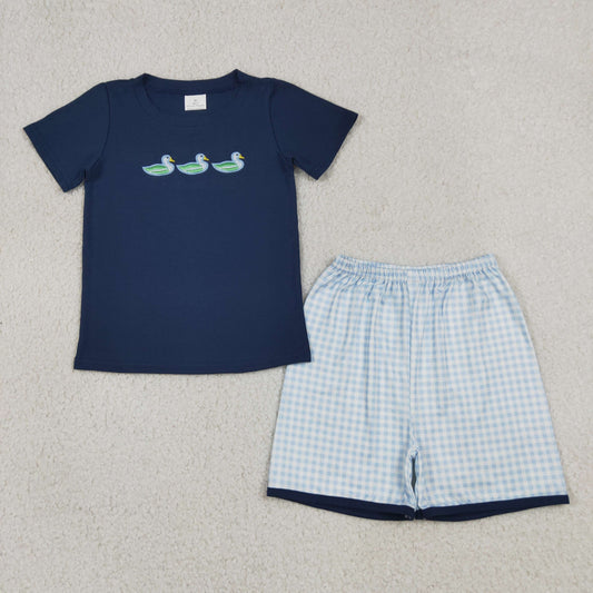 RTS NO MOQ milk silk BSSO1938 Navy Embroidery Duck Baby Boys Top Plaid Shorts Hunting Outfits
