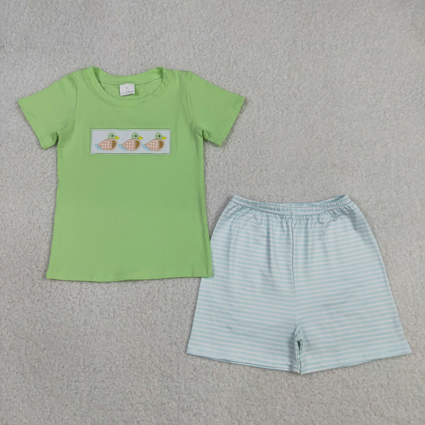 RTS NO MOQ Sibling milk silk Baby Boys Duck Embroidery Striped Shirt And Hunting Shorts Set  Stripe Rompers