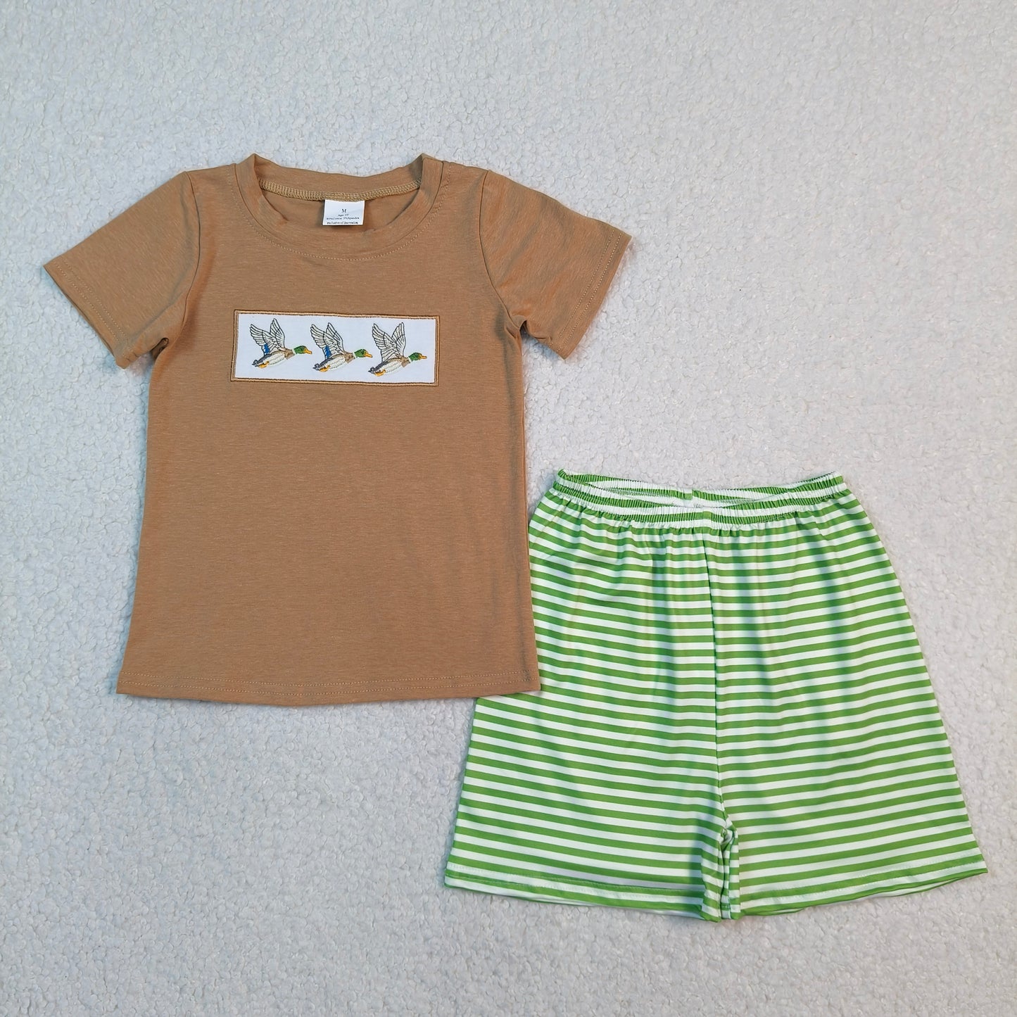RTS NO MOQ BSSO1947 Baby Boys Hunting Clothes With Duck Embroidery Top And Striped Shorts