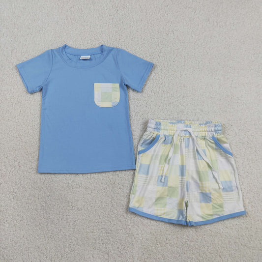 RTS NO MOQ milk silk BSSO1950 Baby Boys Casual Light Blue Checked Short Sleeve Shirt With Pockets Shorts Outfit
