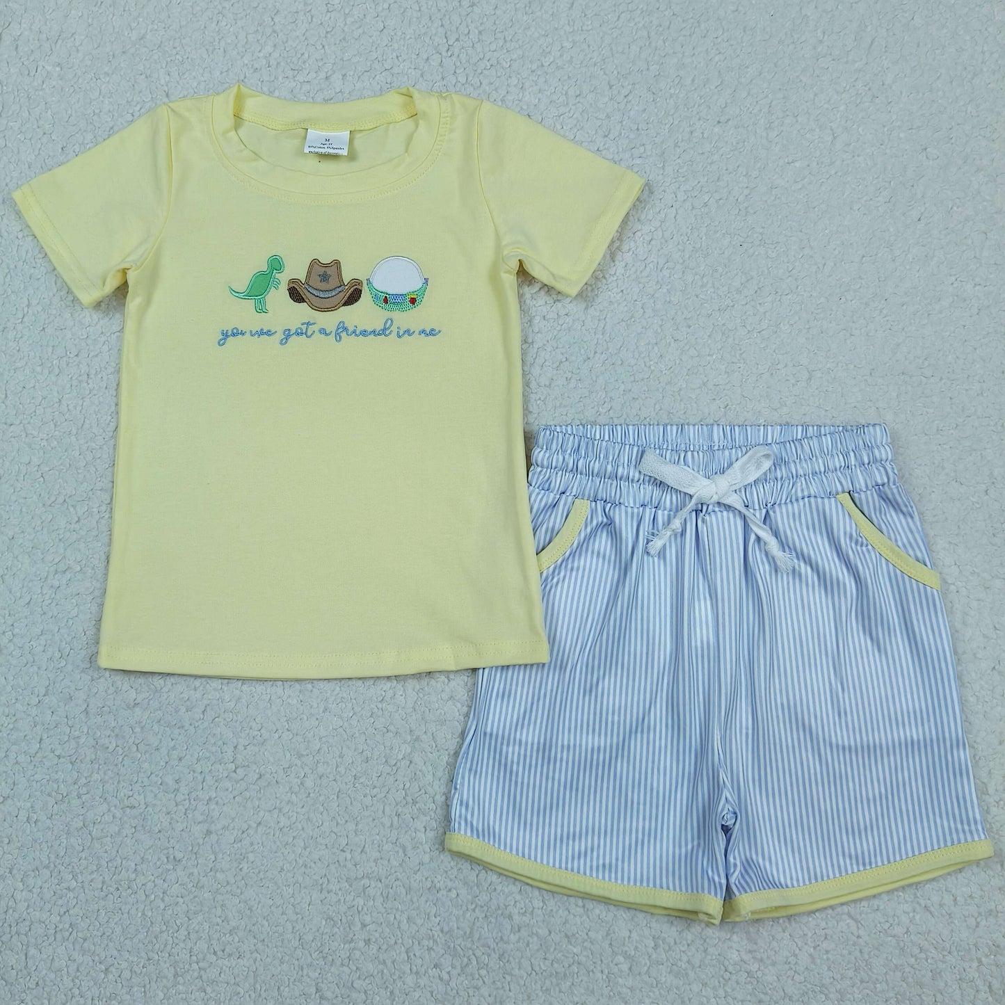 RTS NO MOQ Sibling milk silk Baby Boys Dinosaur Hat Embroidery Top Pockets Stripe Short Clothes Sets Rompers Girls Ruffle Rompers