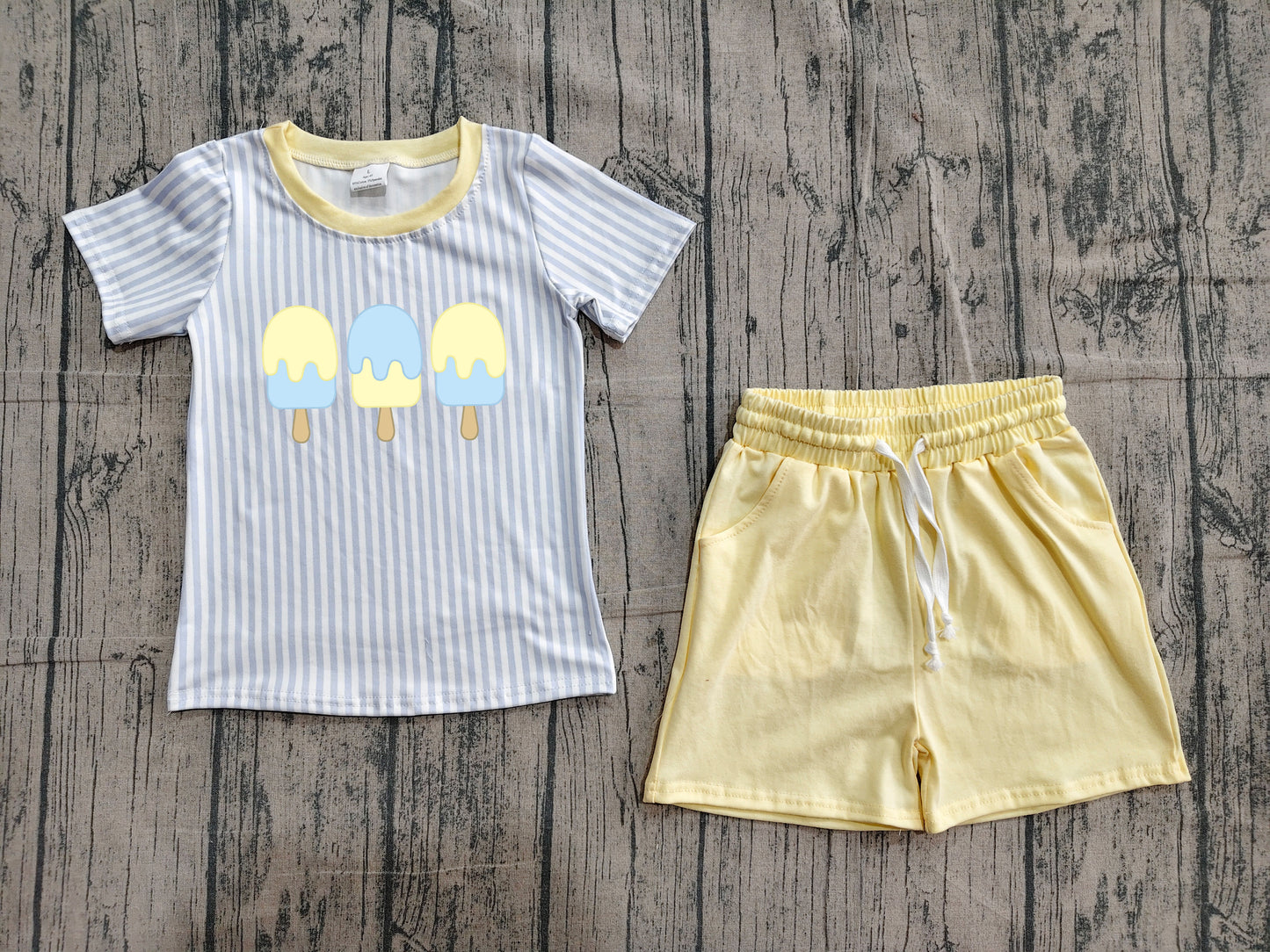 (Sample) No moq BSSO1975 Embroidery Baby Boys Popsicle Embroidery Blue Stripe Pocket Casual Short Sets