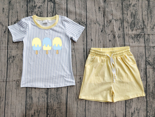 (Sample) No moq BSSO1975 Embroidery Baby Boys Popsicle Embroidery Blue Stripe Pocket Casual Short Sets