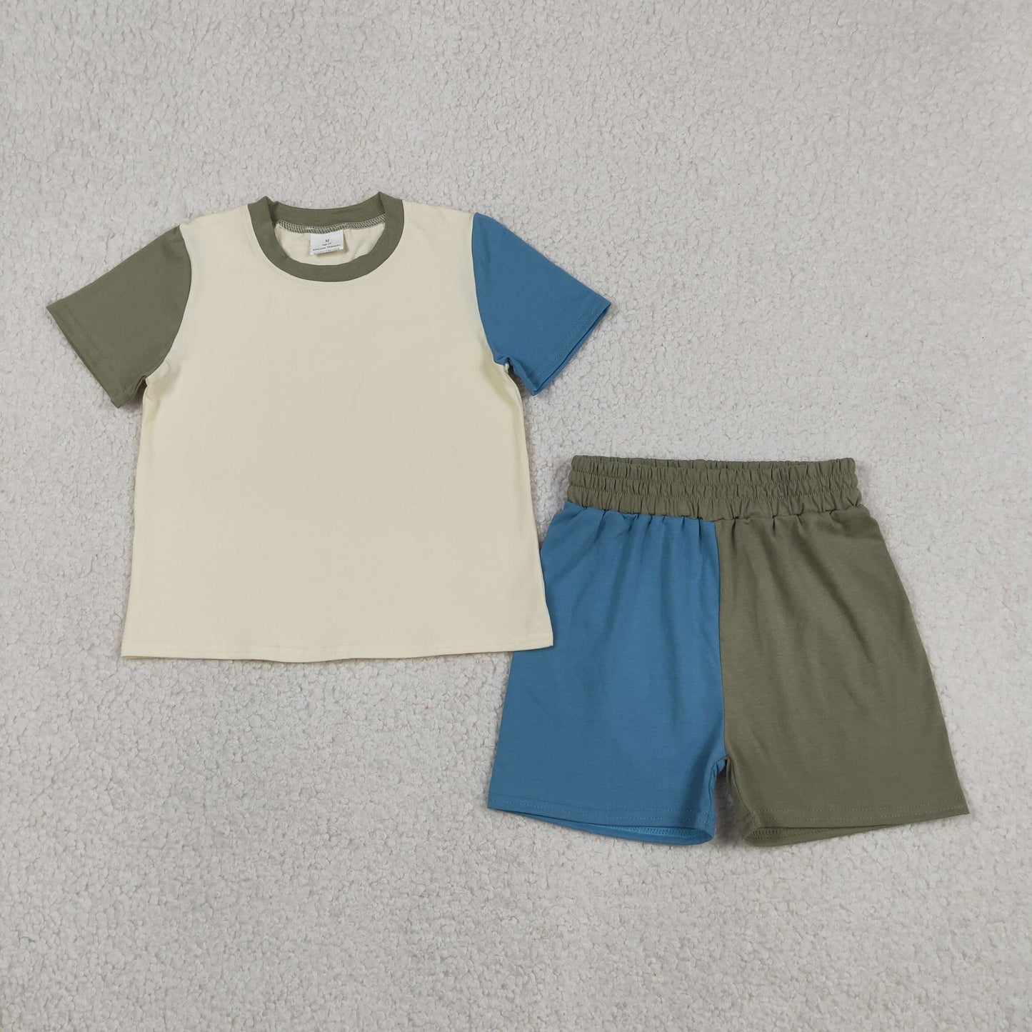RTS NO MOQ milk silk BSSO1976 Baby Boys Grey Blue Color Block Patchwork Slouchy Pajamas Clothes Sets