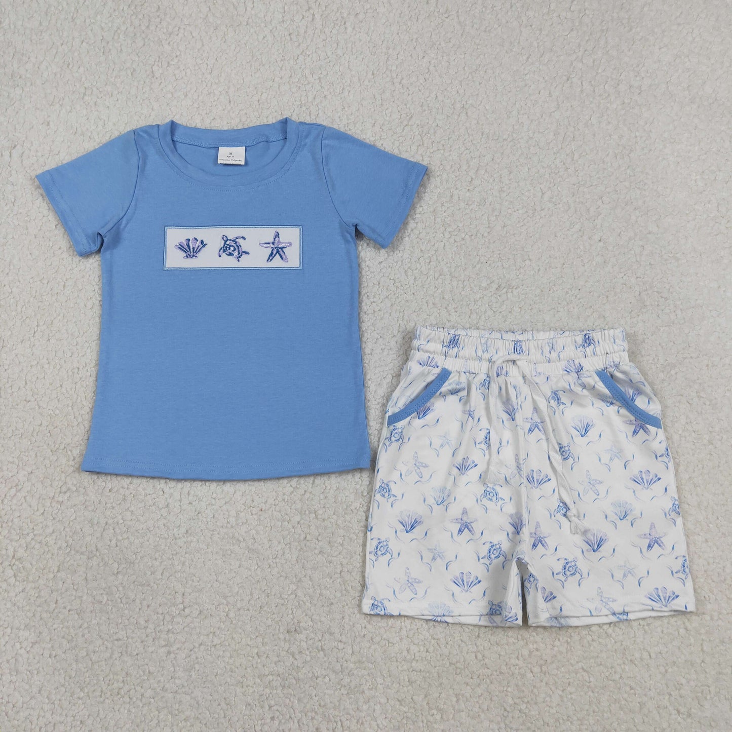 RTS NO MOQ BSSO1979 Baby Boys Cute Shirt with Embroidery Shells and Starfishes Top Pocket Shorts Outfit Set
